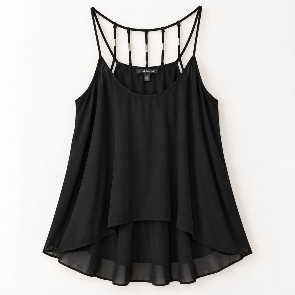 Charlotte Russe Black Strappy Halter Tunic Top Womens M Layered Boho Y2K